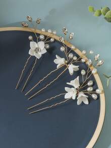 Conjunto de 3 Presilhas de Cabelo com Flores para Noiva, com Flores Brancas, Cristais e Pérolas, e Strass Prateado. Acessórios de Cabelo para Casamento, Dia dos Namorados e outras ocasiões especiais. - Ouro - Ver 12