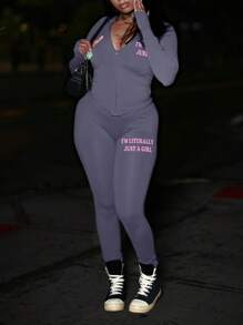 LovelyWholesale Women'S Sports Hooded Long Sleeved Letter Printed Zipper Jacket And Tight Pants Set For Spring And Autumn