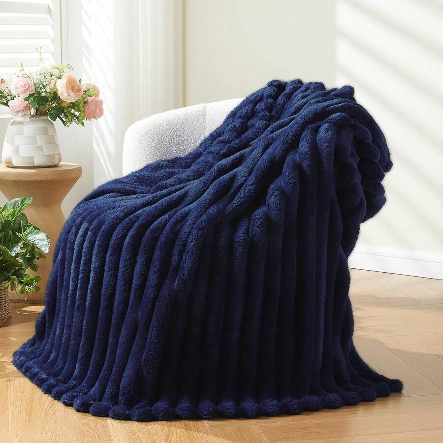 Super Soft King Blanket Pink Premium Silky Flannel Fleece 3D Ribbed Jacquard Lightweight Bed Blanket All Season Use (Pink Ribbed, King(90"X110")) - 深海軍藍羅紋 - 查看 1