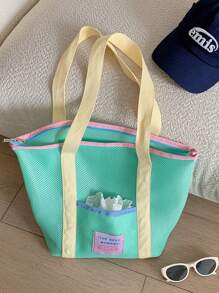 1 Pc Macaron Contrasting Color Summer Bbeach Bag, Mesh Large Capacity Tote Bag, Dopamine Clothing Storage Bag, Suitable For Beach, Swimming, Travel And Vacation Essentials, Portable Travel Bag, Foldable Multifunctional Storage Bag