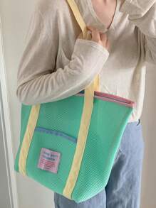 1 Pc Macaron Contrasting Color Summer Bbeach Bag, Mesh Large Capacity Tote Bag, Dopamine Clothing Storage Bag, Suitable For Beach, Swimming, Travel And Vacation Essentials, Portable Travel Bag, Foldable Multifunctional Storage Bag