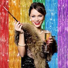 2Pack Silver Metallic Tinsel Foil Fringe Curtains, Door Streamer Photo Booth Backdrop Birthday Wedding, Graduation Engagement Bridal Shower Bachelorette Party Decorations Dancing Ball Party - 彩虹 - 查看 2