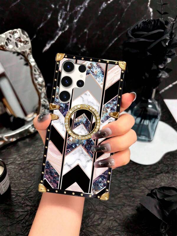 1 pièce Étui de téléphone portable à la mode avec motif marbre et support annulaire