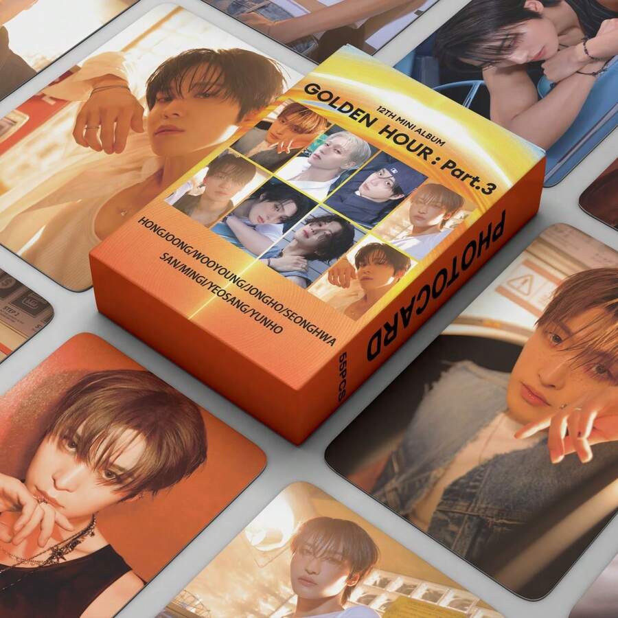 55 张 GOLDEN HOUR：第 3 部分卡片（洪中、成华、允浩、汝尚、山、珉伊、祐英、钟浩）、送给 ATINY（粉丝）的礼物创意、92 张（60 张卡片 + 32 张小贴纸）、55 张、热门 K组合应援卡、收藏卡、节日礼物、新收藏贺卡、卡片展示收藏、流行音乐周边产品、盒子装饰卡 - 彩色 - 查看 1