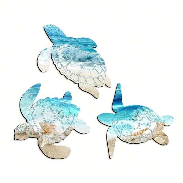 3pcs Wooden Sea Turtle Beach Wall Decor, Ocean Beach Bathroom Wall Art, Marine Life Wall Hangings, Summer Theme Decoration, Suitable For Cabin, Home, Indoor/Outdoor, Bathroom, Office, Bedroom