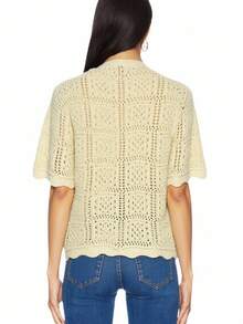 Gładka krata swobodny ładny materiał wydrążony guzik ściągaczowy kardigan top codzienny podróż lato