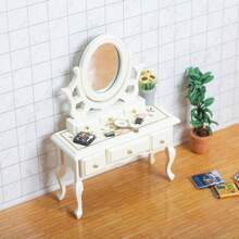 1:12 Scale Dollhouse Bedroom Furniture Set - Bed, Nightstand, Vintage Cabinet, Mini Vanity Table, Wooden Miniature Home Decor Toys, Birthday/Christmas Gift