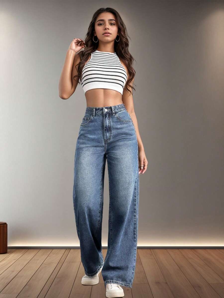 Jeans de pierna ancha para mujer con bolsillos, jeans de mujer modernos y versátiles, elegantes y modernos, adecuados para el uso diario, jeans sueltos y drapeados sin estirar,