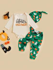 Baby Boy Halloween Clothes Letter Print Long Sleeve Romper Elastic Waist Ghost Pants And Hat 3Pcs Fall Outfit - Khaki - View 6