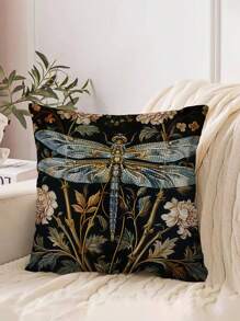 2pcs Dragonfly & Floral 2D Flat Printed Decorative Pillow Covers, Non-Embroidered, 18" X 18", Vintage Farmhouse Style, Single Sided Print, Polyester, Zipper Closure - Perfect For Living Room, Bedroom, Sofa, And Christmas/Halloween Decor