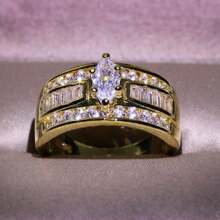 1pc Elegant 18K Gold Plated Triple Row CZ Engagement RingS Accessories For Women, Copper Main Material, Glitter Style, Suitable For Daily And Wedding Occasions
