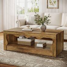 Tribesigns 2-Tier Wooden Coffee Table, 47.24-Inch Farmhouse Coffee Tables With Open Storage Shelf, Rectangular Accent Center Low Cocktail Tea Table, Brown - Brown - View 4