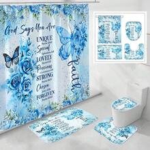 4 Pcs Yellow Inspirational Quotes Shower Curtain Set With Rugs And Toilet Lid Cover, Colorful Boho Waterproof Fabric Bathroom Set, Bible Verse Floral Bathroom Decor Set Accessories - Blue - View 1