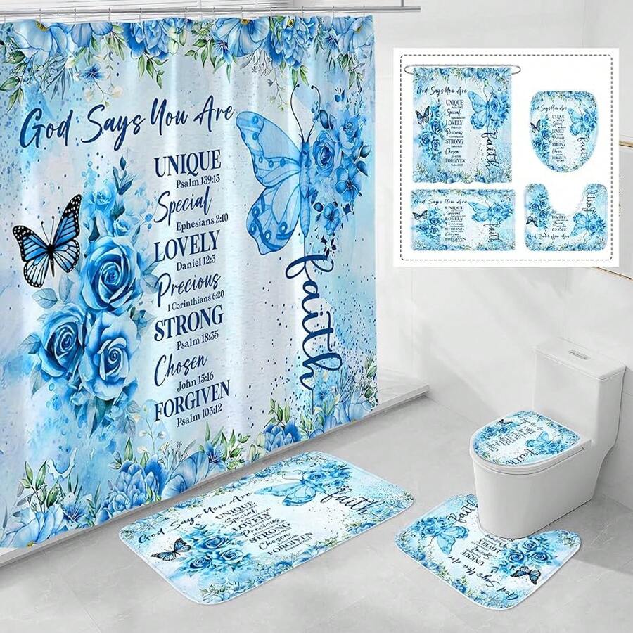 4 Pcs Yellow Inspirational Quotes Shower Curtain Set With Rugs And Toilet Lid Cover, Colorful Boho Waterproof Fabric Bathroom Set, Bible Verse Floral Bathroom Decor Set Accessories - Blue - View 1