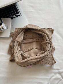 镂空花朵针织托特包，休闲度假风大容量编织女单肩包，通勤沙滩时尚购物手提包 - 卡其色 - 查看 9