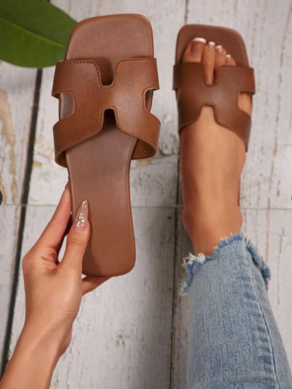 Fashionable Women Square Toe Flat Slippers, Versatile Ladies Sandals For Spring & Summer