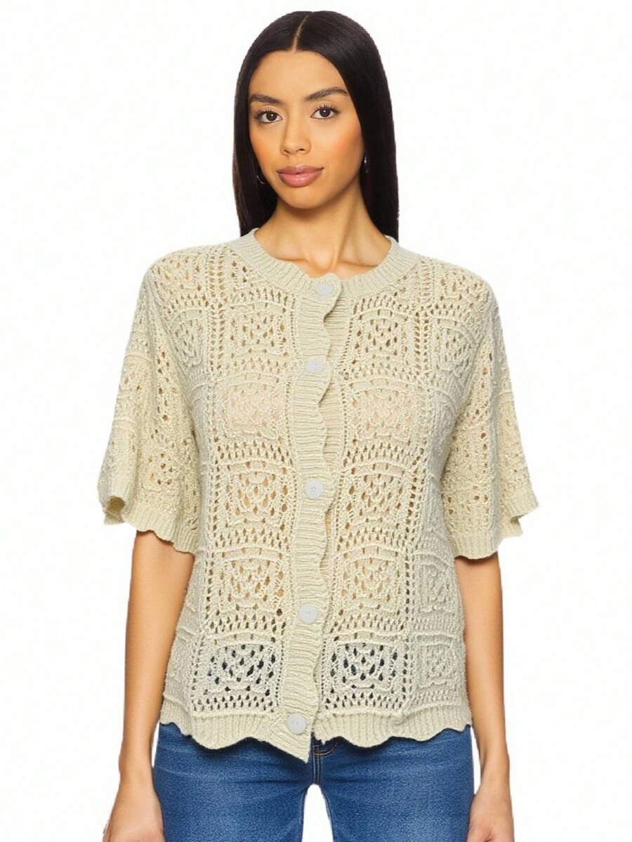 Gładka krata swobodny ładny materiał wydrążony guzik ściągaczowy kardigan top codzienny podróż lato