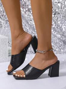 Women's Premium Black Leather Peep Toe 7cm High Heel Sandals, Fashion Party & Summer Sexy Minimalist Block Heel Backless Sandals, Solid Color Party, Elegant Vacation Casual PU Leather Beach Wedding Office Home Gym Outdoor