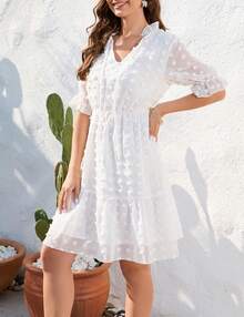 Women's Short Sleeve Swiss Dot V Neck Dress Casual A Line High Waist Dress Summer Solid Ruffle Mini Dress - 白色 - 查看 5