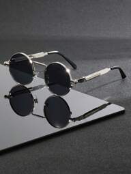 1 Pair Of Men's New Metal Round Steampunk Fashion Glasses, Spring Leg Design, Suitable For Outdoor Sports, Cycling, Driving, Fishing, Traveling, Beach Vacation Essential