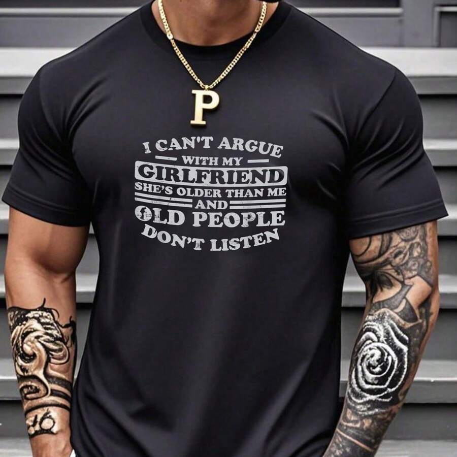 My Girlfriend Me Funny T-Shirt Print Short Sleeve T-Shirt T Shirt Black T Shirt Printed Short Sleeve T-Shirt For Summer Graphic Tees Graffiti Shirt Round Neck Oversized T Shirt Sleeve Casual T-Shirt, Street Hip Hop Style T-Shirt 100% Heavy Cotton All-Season Wear Individuality Unisex Top Gifts For Girlfriend Boyfriend - 黑色-10 - 查看 1