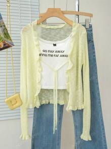 Women Casual V-Neck Slim Fit Short Sleeve Thin Knit Cardigan With Tie Belt, Green Ruffle Trim, Spring & Summer