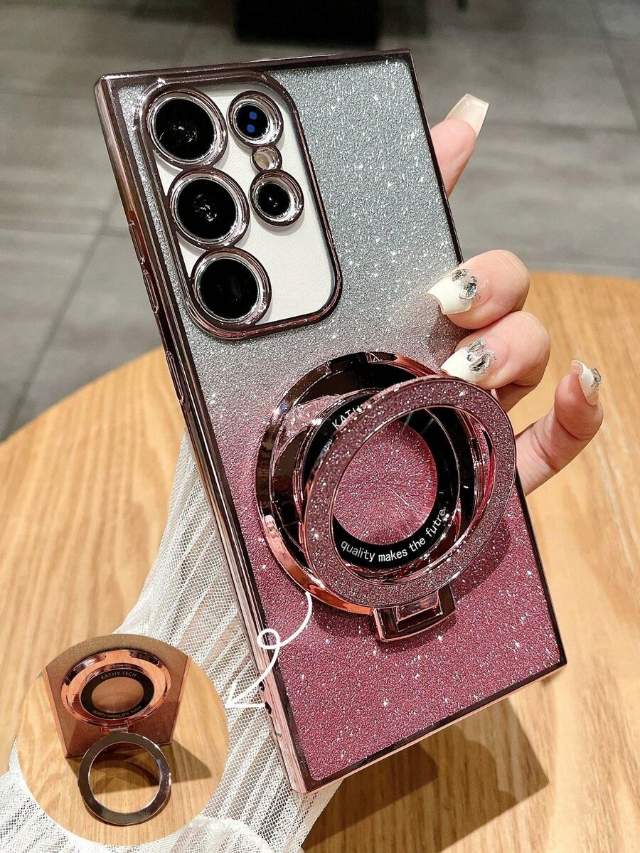 New Gradient Glitter Electroplated TPU Phone Case With Hidden Crystal Ring Holder, Compatible With IPhone 17/6/7/8/X/XS/XR/11/12/13/14/15/16/16e, Galaxy S22/23/24/25/S24 FE/S25 EDGE, A04/05/06/A07/A14/A15/A16/A17/A24/A25/A34, Redmi Note 9/10/11/12/13/14, Redmi 9/10/12/13C/14C/A5, OPPO, MOTO, Honor X, HW, Realme C53 C55 - Pink - View 1
