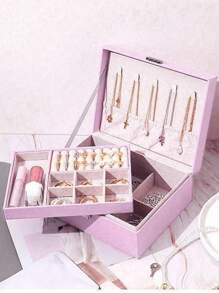 1pc Dual-Layer PU Leather Jewelry Box, Large Capacity Earring, Necklace, Bracelet Storage Box, Women's Portable Multi-Function Jewelry Box With Safety Lock And Reliable Soft Pad Drawers, Velvet Lining Travel Case, Jewelry Gift Box, Anti-Theft Design, Women Jewelry Gift Box With Large Capacity And Multi-Compartment, Suitable For Rings, Earrings, Necklaces And Bracelets