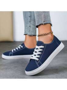 Women's Solid Color Simple Sneaker, Slip-On Lightweight Flat Walking Skateboard Shoes, Low-Top Comfortable Canvas Shoes Plus Size - 藍色 - 查看 2