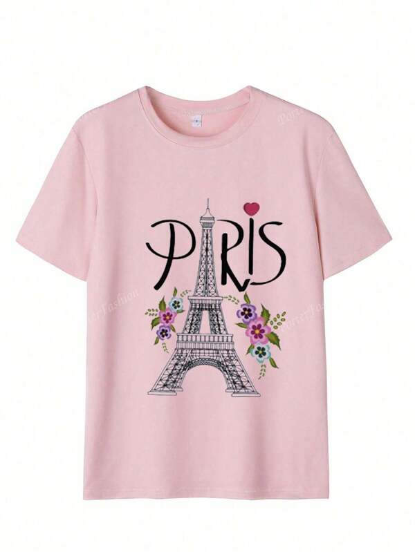 Camiseta de cuello redondo para mujer impresión Paris manga corta material algodón