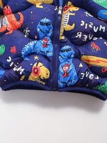 秋冬新款夹棉外套，藏青色卡通恐龙图案，男童连帽保暖防风外套，男童卡通保暖派克大衣 - 寶藍色 - 查看 11