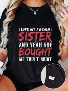 Plus Size 1pc Women Casual Cotton T Shirt With I Love My Awesome Sister And Yeah She Bought Me This T Shirt Lettering Round Neck Breathable Absorbent Fabric All Season Comfort Women Size L-3XL 4XL 5XL - 黑色 - 查看 2