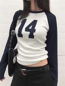 Number Graphic Casual Raglan Sleeve Fitted Long Sleeve Top - Blue and White - View 1