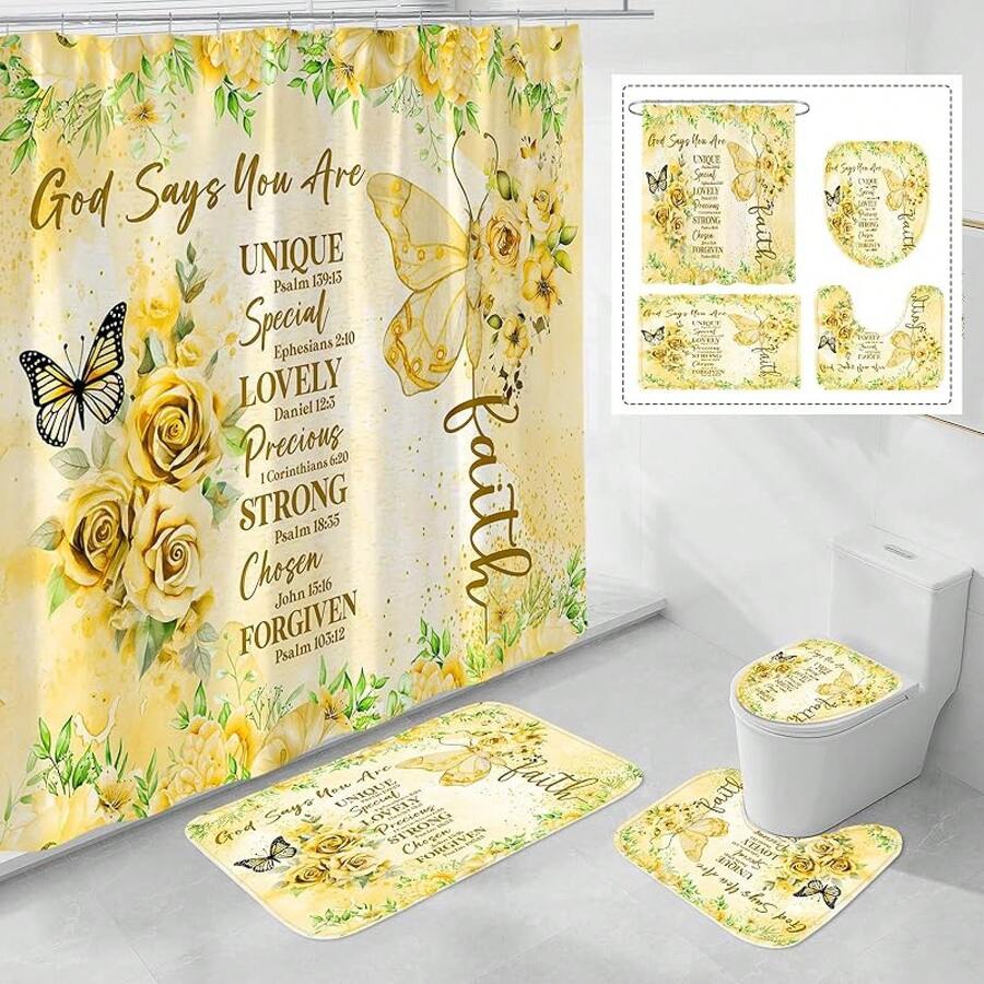 4 Pcs Yellow Inspirational Quotes Shower Curtain Set With Rugs And Toilet Lid Cover, Colorful Boho Waterproof Fabric Bathroom Set, Bible Verse Floral Bathroom Decor Set Accessories - 黃色 - 查看 1