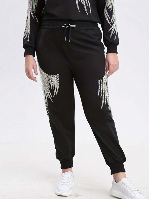 Plus Size Damen Sweatpants Elastischer Bund Kordelzug Hose Strass Muster Hohe Taille Casual Sweatpants mit Taschen