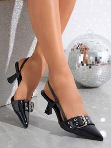 Women's Summer New Rivet Decorated Backstrap Pointed Toe Mule High Heel Sandals, Versatile And Stylish - Black - View 3