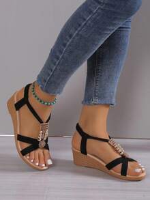 Beaded Flat Sandals In Solid Color - 黑色 - 查看 3