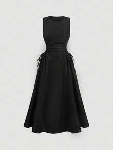 2025 Frühling/Sommer Neuer Europäischer & Amerikanischer Stil Einfarbiges Kleid mit Schnürung in Taille, elegantes Knielanges Kleid, Damen Ärmellos Hoch Tailliert A-Linie Kleid, Rundhalsausschnitt, feminin, geeignet für Alltag und Büro - Schwarz - Übersicht 11