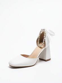 Giày cao gót đế vuông đính nơ ngọc trai thanh lịch dành cho nữ, giày cao gót mũi vuông thoải mái và gợi cảm, phù hợp cho mùa cưới vào mùa hè và mùa thu - trắng - Xem 6