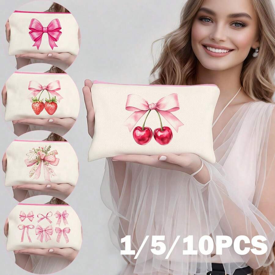 1/5/10/20 件可爱甜美蝴蝶结装饰帆布拉链袋套装，Y2K 风格蝴蝶结配饰收纳袋，旅行化妆洗漱用品收纳袋，文具袋，派对礼品袋，浴室旅行多功能收纳袋化妆刷架手拿包，度假暑假返校学校用品袋，女士旅行包，旅行化妆包