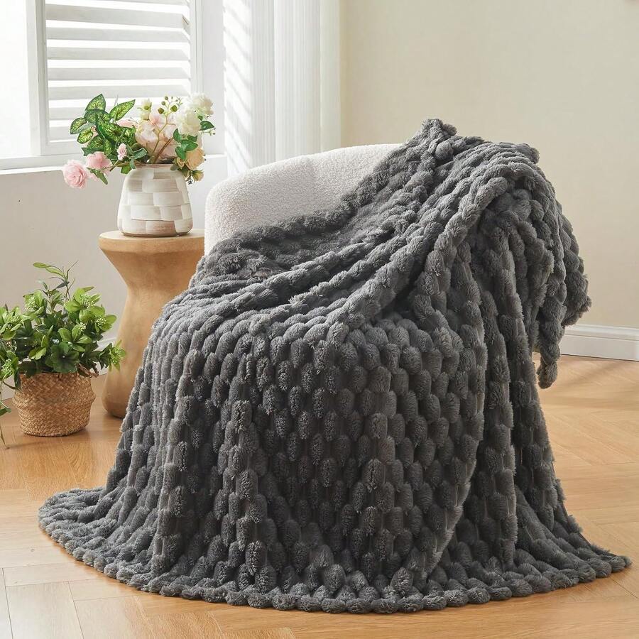 Super Soft King Blanket Pink Premium Silky Flannel Fleece 3D Ribbed Jacquard Lightweight Bed Blanket All Season Use (Pink Ribbed, King(90"X110")) - Grey - View 1