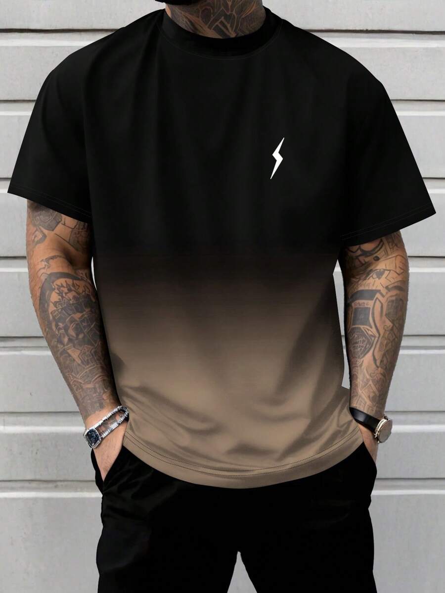 男士渐变闪电印花短袖T恤，时尚夏季 - 卡其色 - 查看 1