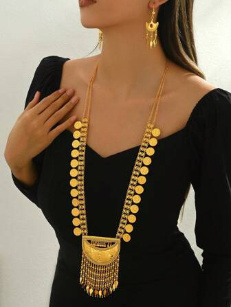 3pcs/Set Vintage Gifts, Gold Moon Coin Tassels Exaggerated Necklace & Earrings Set For Women, Party/Wedding Dress Jewelry