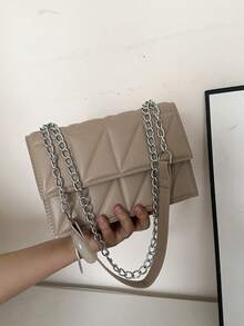Chic High-End Fashion Flap Chain Crease Stylish Shoulder Bag, Crease Diamond Chain Shoulder Bag For Women - Khaki - View 3