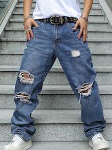 Men's Ripped Jeans Relaxed Fit Straight Leg Distressed Vintage Denim Pants Y2K Hip Hop Skater Streetwear Casual Trousers - 中等水洗藍 - 查看 3