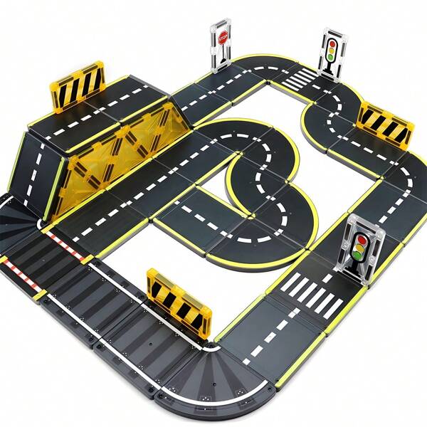 16/26pcs Magnetic Building Tiles, Traffic Theme Road Planning Construction Toy Set, Durable ABS Structure With Race Track And City Road Extension, Suitable For Children's Festivals And Birthday Gifts