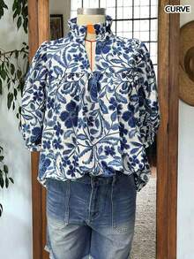 Whisplicity Women's Bohemian Style V-Neck Casual Vacation Floral Print Ruffle Hem Blouse, Spring/Summer - Blue - View 7