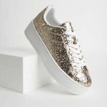 HERO - Classic Basic Essential Lace Up Platform Sneakers With Memory Foam Ultra Light Weight Comfortable Chunky Sneakers Low Top Versatile For Everyday Wear, Casual, Travel, Weekend, Streetwear, Daily, Airport, City Explorer, Party, Concert, Waking, Campus, College Outfits, School, Business Casual, Walking, Summer, Spring, Autumn, Winter | Grey Python Dusty Blue Vegan Leather Black Black Silver Star Silver Glitter Laminated White Dusty Pink Vegan Leather Silver Rose Gold Vegan Leopard Suede White Multi Star Multicolor Python Fine Silver Glitter Fine Gold Glitter Fine Multi Color Glitter Glossy Silver Glitter Shiny Hologram - Vàng lấp lánh - Xem 5