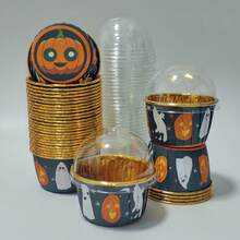 Cakegiugiu Moldes para cupcakes de estilo Halloween, 3.5 Oz 25/50/100 piezas Moldes desechables para magdalenas con tapas, Moldes desechables para cupcakes con tapas, Moldes para hornear, Moldes para cupcakes, Pequeños moldes para hornear, Moldes para cupcakes de Hipopótamo de fiesta, Perfectos para Halloween - Negro - Ver 2