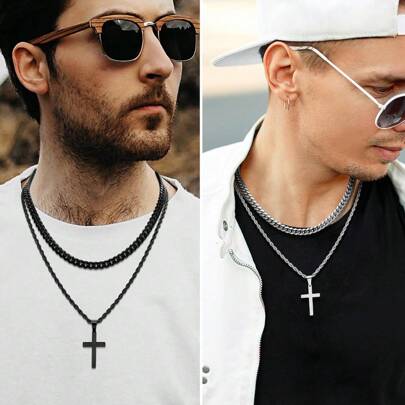 Local Shipping 2025 New  Stainless Steel Chains For Men Layered Necklaces Silver Gold Black Pendant Jewelry Box Gifts 18-24 Inches,4Pcs Cross Necklace